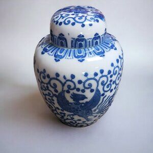 Vintage 1950s Japanese Cobalt Blue Flying Phoenix Ginger Jar with Lid – Ceramic